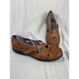 Clarks Ashland Brown‎ Leather Crisscross Strap Comfort Mary Jane Flat Shoes 9.5M